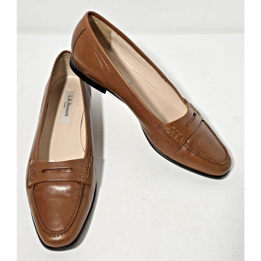 L.K. Bennett Women's Shoes Leather Penny Loafers British Tan 37-1/2 US 7-7.5